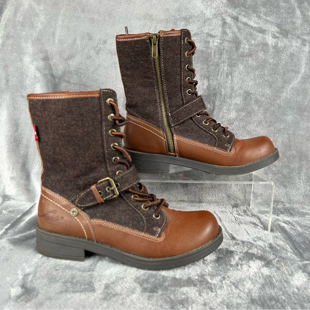 Levi’s Lace Up Boots Womens 7 Tweed Faux Leather Steam‎ Punk Retro Buckle